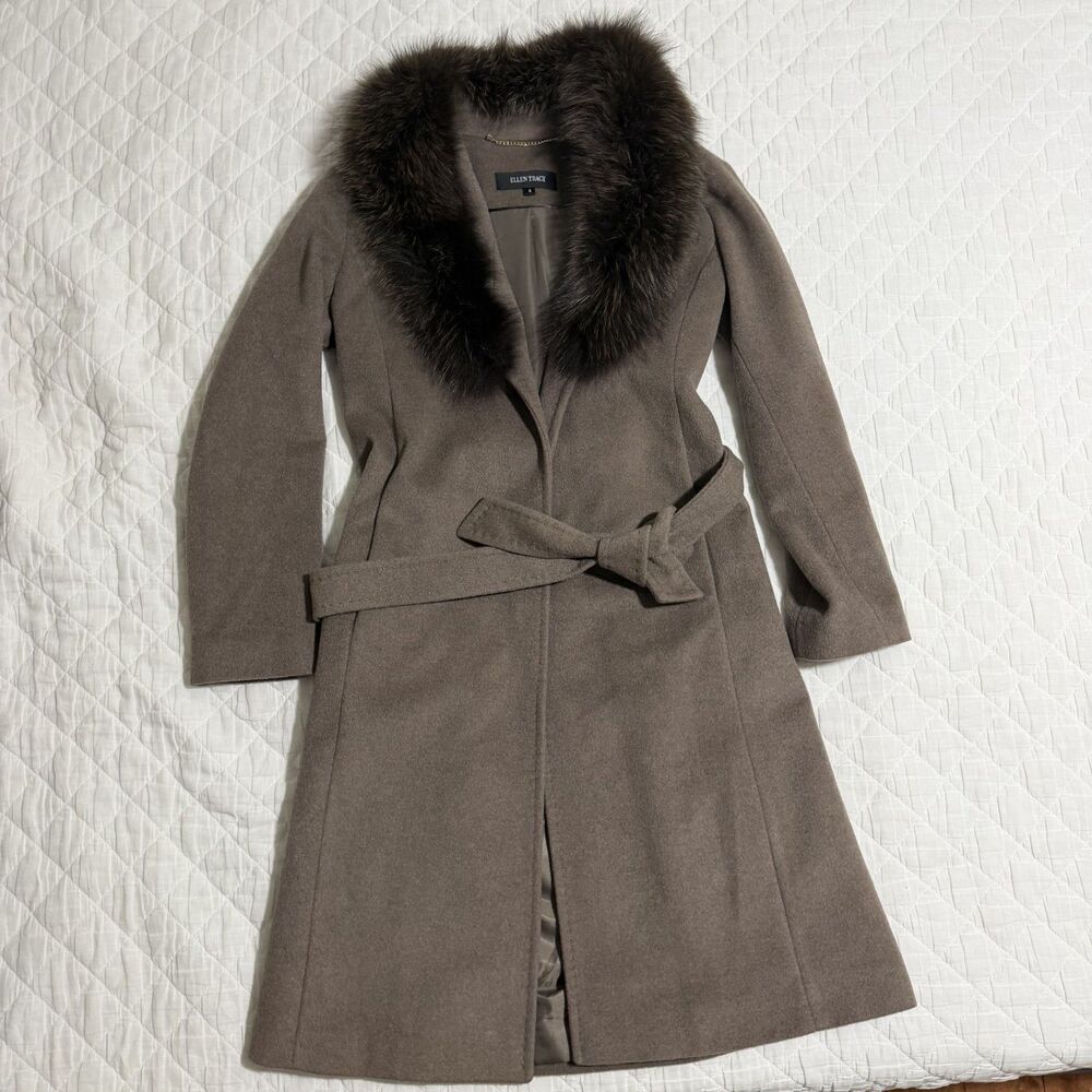 Ellen Tracy Womens Gray 4 Wool Fur Trim Trench Coat Long Jacket